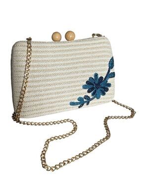 Raffia Weave Clutch Bag with Embroidered Blue Flower and Chain Strap